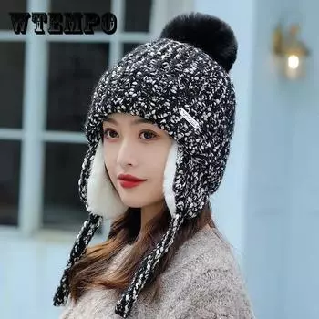 Шерстяная шапка женская зимняя, теплая и для отдыха, плюс бархатные толстые наушники. Милая и универсальная морозостойкая вязаная шапка для езды на велосипеде Lei Feng. one size