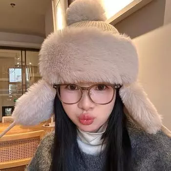 Шерстяная шапка женская зимняя утепленная вязаная шапка зимняя велосипедная защитная шапка утолщенная ветрозащитная теплая шапка Lei Feng бархатная M56-58cm