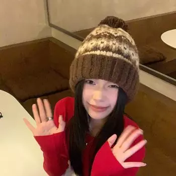 Шерстяная шапка женская зимняя утолщенная теплая шерстяная шапка симпатичная шерстяная шапка с ушками ветрозащитная холодная шапка Elastic (54-59cm) темно-коричневого