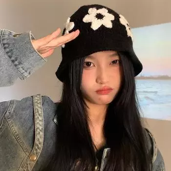 Шерстяная шапка зимняя женская большая окружность головы маленькая цветочная холодная шапка многослойная теплая шапка для лица маленькая универсальная панама защита ушей M56-58cm