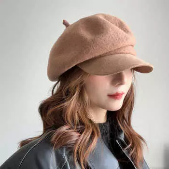 Шерстяная шляпа газетчика женская осенне-зимняя шляпа звездчатый анис облака берет с утиным язычком показывающий лицо маленькая фетровая шляпа в стиле ретро M55-58cm хаки