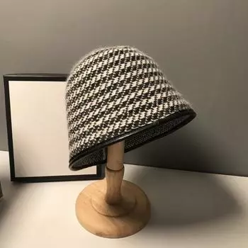 Шерстяная шляпа-ведро с кожаными краями, осенне-зимняя корейская версия, рыбацкая шапка, зимняя теплая вязаная шерстяная шапка 56-58cm хаки