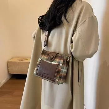 Шерстяная сумка-ведро женская 2024 новая широкополосная сумка-ведро с сеткой в виде тысячи птиц шерстяная клетчатая сумка текстурированная сумка-мессенджер