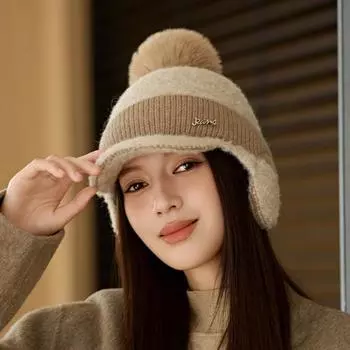 Шерстяная толстая бейсболка женская зимняя уличная кепка с цветными блоками для защиты ушей вязаная шапка с меховым мячом темные хаки