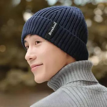 Шерстяная толстая вязаная шапка, мужская зимняя теплая шапка с наушниками, для улицы, холодная и ветрозащитная шерстяная шапка M56-58cm чёрный