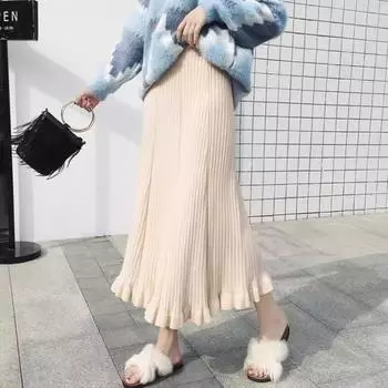 Шерстяная трикотажная юбка женская осень и зима 2024 новая корейская версия средняя и длинная с высокой талией юбка с каймой из листьев лотоса и а-образным вырезом one size fits all чёрный