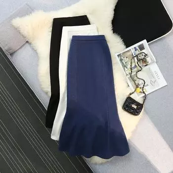 Шерстяная юбка-рыбий хвост для женщин зимой, юбка средней длины с оборками на бедрах, легкая юбка в стиле вареной вязки S