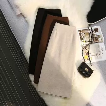 Шерстяная юбка средней длины, женская, новый зимний стиль, высокая талия, разрез, прямая юбка, закрывающая бедра, юбка S