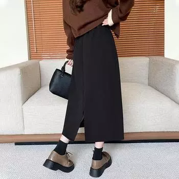 Шерстяная юбка женская осень и зима 2024 новая черная длинная юбка-труба с высокой талией, облегающая бедра, зимняя бархатная юбка А-образного силуэта S