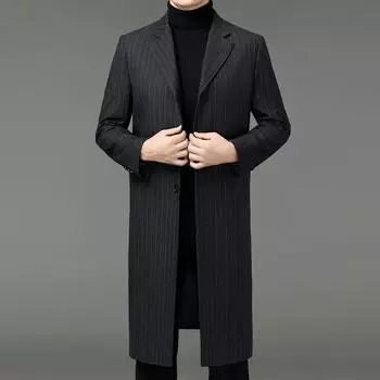 Шерстяная ветровка мужская осенне-зимняя мужская длинная полосатая куртка в деловом стиле длиной до колена для пап среднего возраста, пиджак с воротником 170