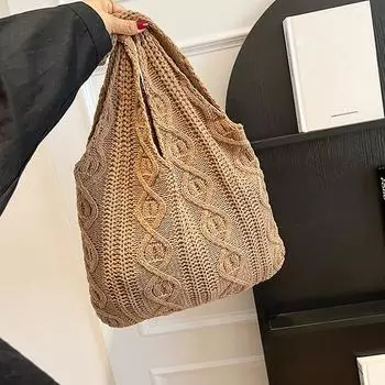 Шерстяная вязаная большая вместительная сумка для покупок для женщин, винтажная хлопковая ткань, большая сумка-тоут, связанная крючком 36x32cm бежевый