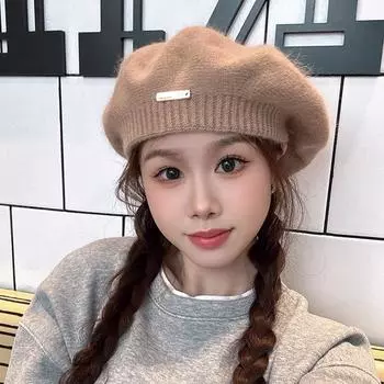 Шерстяная вязаная шапка-берет женская осенне-зимняя японская простая шляпа художника с большой окружностью головы