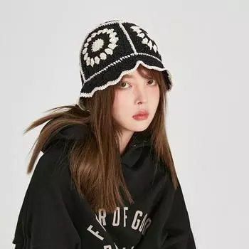 Шерстяная вязаная шапка в корейском стиле Хёня, полая дышащая шляпа-ведро, ретро-мода, универсальная, контрастного цвета, шляпа-тазик M56-58cm чёрный