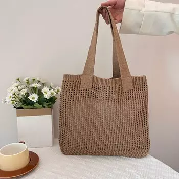 Шерстяная вязаная сумка на плечо большой емкости для женщин, вязаная крючком большая сумка для девочек 35x33cm бежевый