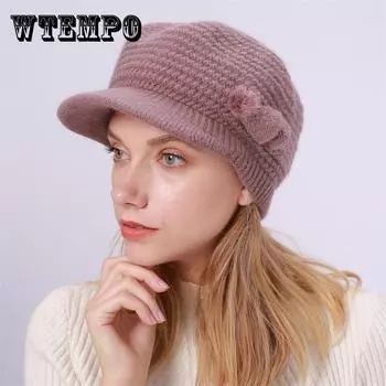 Шерстяная женская зимняя теплая вязаная шапка с напуском, берет с черепом и козырьком, утепленный женский чепчик для улицы