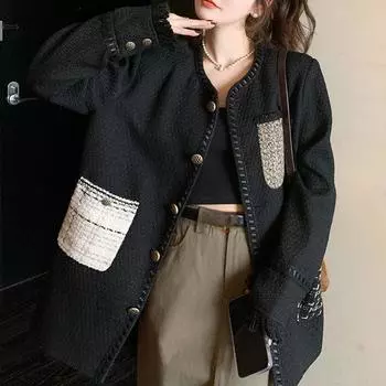 Шерстяное черное пальто во французском стиле для женщин, с чувством дизайна и стиля, идеально подходит для весны S чёрный