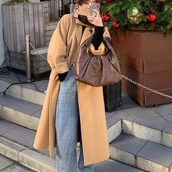 Шерстяное длинное пальто с лацканами, женское повседневное пальто с длинными рукавами и карманами, элегантное уличное теплое пальто S чёрный