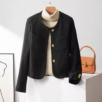 Шерстяное маленькое ароматное пальто для женщин на осень и зиму, новая антивозрастная шерстяная верхняя одежда, тонкое и универсальное, простое ароматное пальто XS чёрный