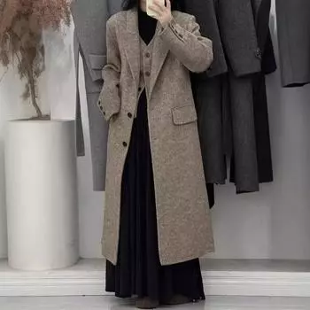 Шерстяное пальто, британский поддельный костюм-двойка с узором «елочка» в стиле ретро, длинное двухстороннее шерстяное пальто для женщин S