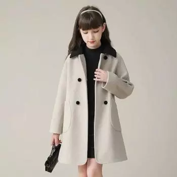 Шерстяное пальто для девочек, куртка-ветровка 2024, бежевый, теплый, утепленный, зимний, из хлопка, для подростков, подарок, детская одежда 170 бежевый