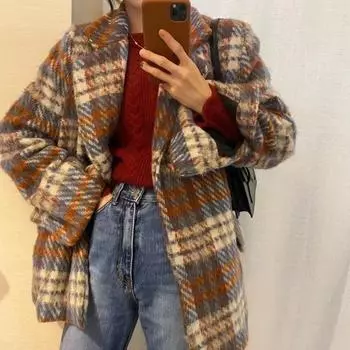 Шерстяное пальто для женщин, осеннее и зимнее теплое уютное пальто, утолщенный свободный костюм, повседневное твидовое пальто в клетку S