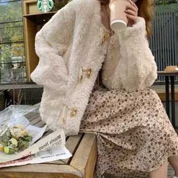 Шерстяное пальто из овечьей шерсти, женское короткое меховое пальто с круглым вырезом и одной пуговицей под крокодила, плюшевое меховое пальто S миндальный