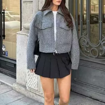 Шерстяное пальто, короткая куртка, женская куртка с воротником-поло и длинными рукавами, топ с высокой талией, новая мода, осень XS серый
