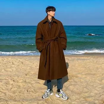 Шерстяное пальто мужское осенне-зимнее средней длины, свободная ветровка длиной до колена в корейском стиле, британское толстое шерстяное пальто M