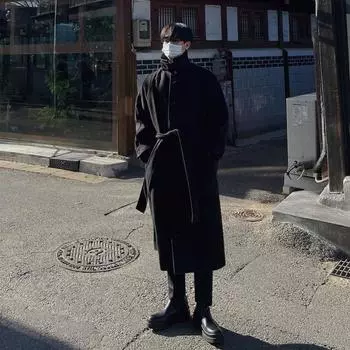 Шерстяное пальто мужское осенне-зимнее утепленное пальто выше колена в корейском стиле с модными лацканами шерстяная ветровка M чёрный