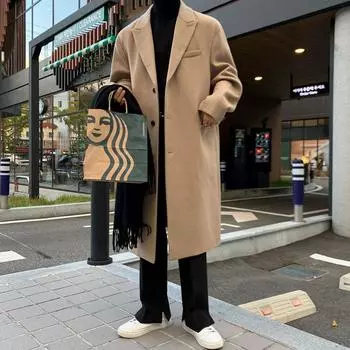 Шерстяное пальто мужское средней длины осень-зима корейский стиль свободный модный британский ветровка длиной до колена шерстяное пальто M