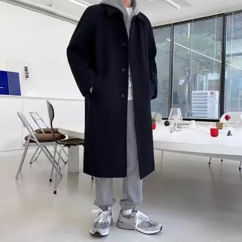 Шерстяное пальто мужское средней длины зимнее утолщенное корейский стиль свободное шерстяное пальто повседневная красивая ветровка M