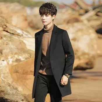 Шерстяное пальто мужское средней и длинной длины утолщенная флисовая куртка зимняя теплая корейская версия некашемировый тренчкот S