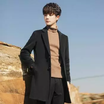 Шерстяное пальто мужское средней и длинной длины утолщенная флисовая куртка зимняя теплая корейская версия некашемировый тренчкот S