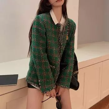Шерстяное пальто на осень и зиму, новый стиль, маленькое ароматное ветрозеленое пальто в клетку, грубое твидовое пальто, темперамент, тканый топ с круглым вырезом S