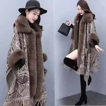 Шерстяное пальто осень-зима 2024 новый иностранный ленивый стиль средняя и длинная утолщенная шаль накидка шерстяное пальто average size (90-100 kg) коричневый