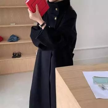 Шерстяное пальто осень-зима новый стиль воротник-стойка темперамент пояс шерстяное пальто средней длины S чёрный