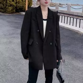 Шерстяное пальто оверсайз с широкими лацканами, утолщенная зимняя куртка в стиле ретро для женщин, двубортная S чёрный