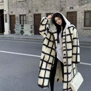 Шерстяное пальто с капюшоном в клетку, женское осенне-зимнее свободное длинное шерстяное пальто M