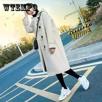 Шерстяное пальто с роговыми пуговицами, женское осенне-зимнее стеганое утолщенное шерстяное пальто средней длины с капюшоном XXL белый