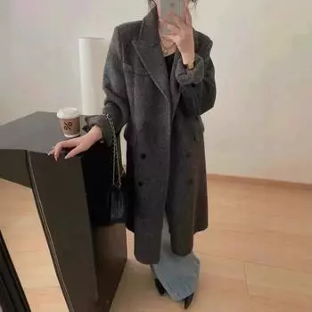 Шерстяное пальто с воротником-лацканом в корейском стиле для женщин, осенний темперамент, узор «елочка» верблюжьей шерсти, двубортное длинное шерстяное пальто S