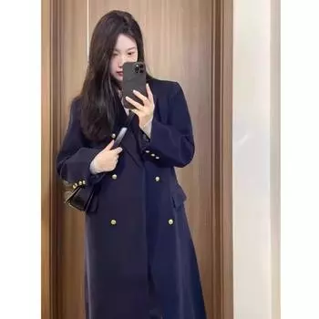Шерстяное пальто средней длины черного цвета для женщин на осень и зиму Новый стиль Хепберн Стиль металлик двубортное шерстяное пальто для женщин XS
