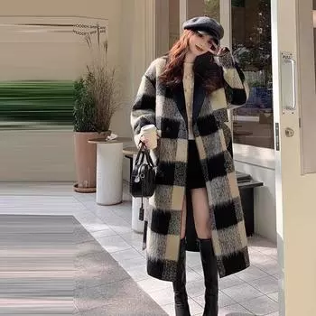 Шерстяное пальто в черно-белую клетку для женщин средней и длинной длины 2024 года, осенне-зимняя одежда из овечьей шерсти, утолщенное клетчатое пальто с обеих сторон S