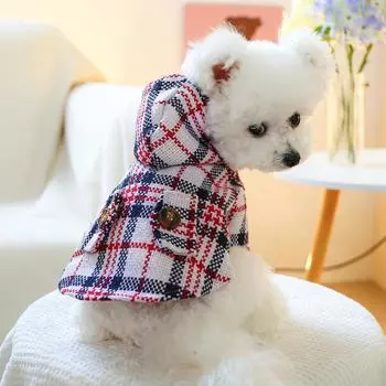 Шерстяное пальто в клетку для домашних животных Шерстяное пальто с капюшоном для домашних животных Одежда для кошек Осенние и зимние теплые пальто в клетку Одежда для собак для маленьких собак XS