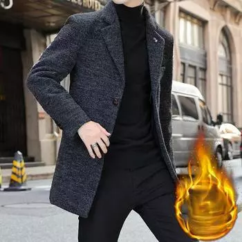 Шерстяное пальто в стиле Гонконга, мужское осенне-зимнее пальто-тренч, среднее и длинное утолщенное мужское шерстяное пальто из хлопка M чёрный