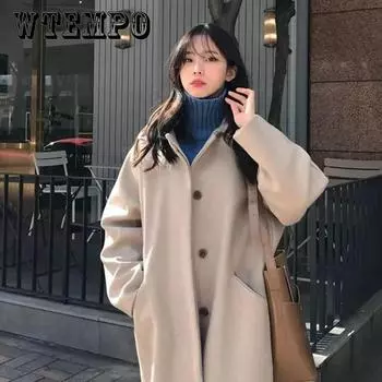 Шерстяное пальто женское длинное осенне-зимнее свободное студенческое черное шерстяное пальто выше колена в стиле Хепберн XXL