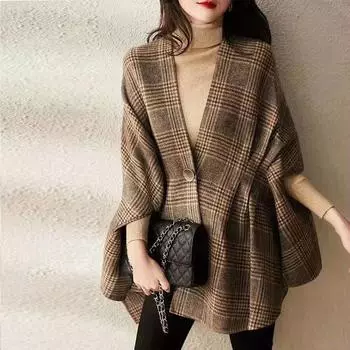 Шерстяное пальто женское новое свободное винтажное клетчатое французское пальто-накидка в западном стиле осенне-зимнее повседневное пальто женские топы M хаки