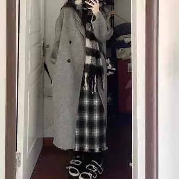 Шерстяное пальто женское новое темпераментное литературное и артистическое веерное осенне-зимняя одежда корейское маленькое чувство среднего и длинного шерстяного пальто S серый