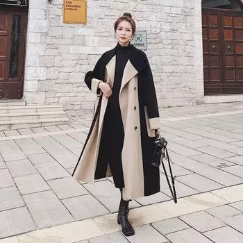 Шерстяное пальто женское осень и зима новое контрастного цвета шерстяное пальто до колена пальто S