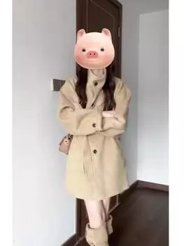 Шерстяное пальто женское осенне-зимнее шерстяное пальто высокого качества 2024 новое небольшое утолщенное в стиле Хепберн популярно в этом году S хаки