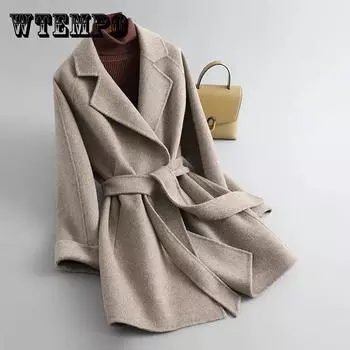 Шерстяное пальто женское осеннее и зимнее двустороннее шерстяное утолщенное тонкое пальто средней длины XXL чёрный